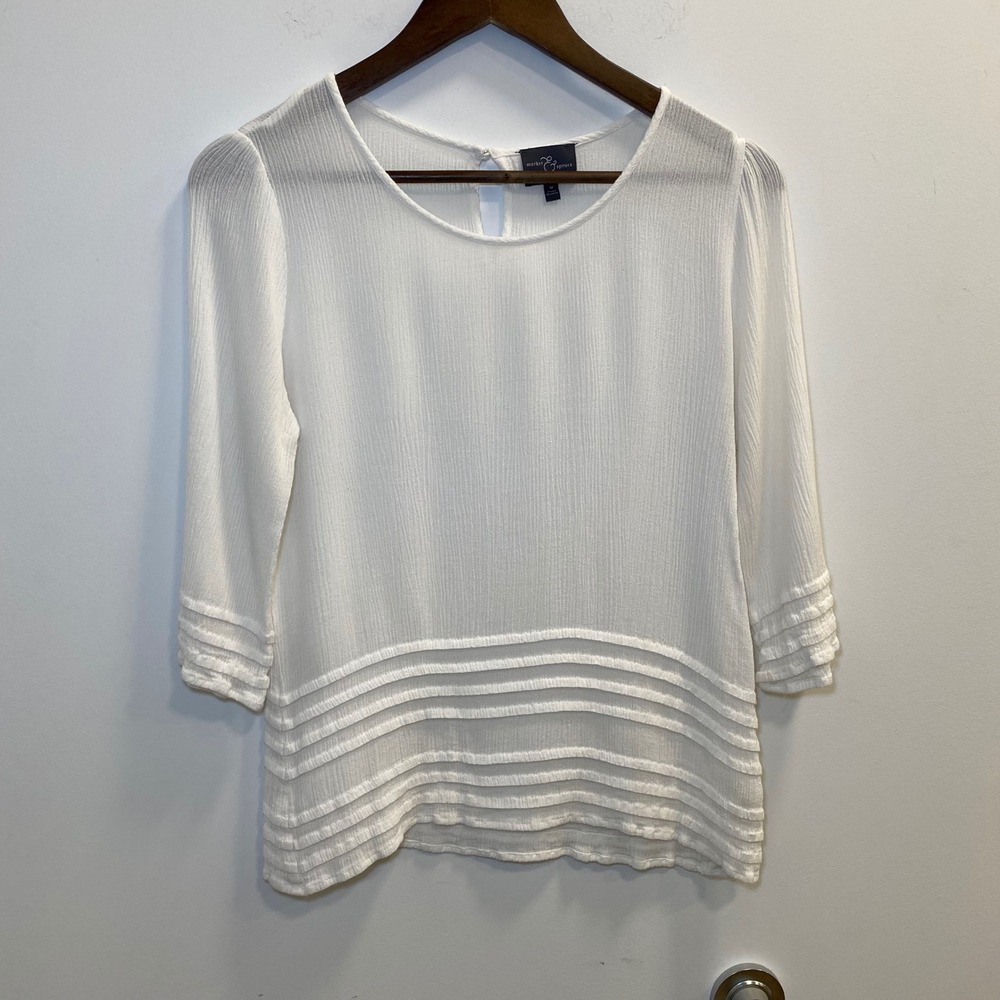 Market & Spruce Womens Top Medium White 3/4 Sleeve Gauze Pleated Coastal Boho